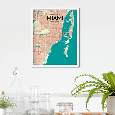 « miami city map », reproduction d’impression sur affiche en tricolore