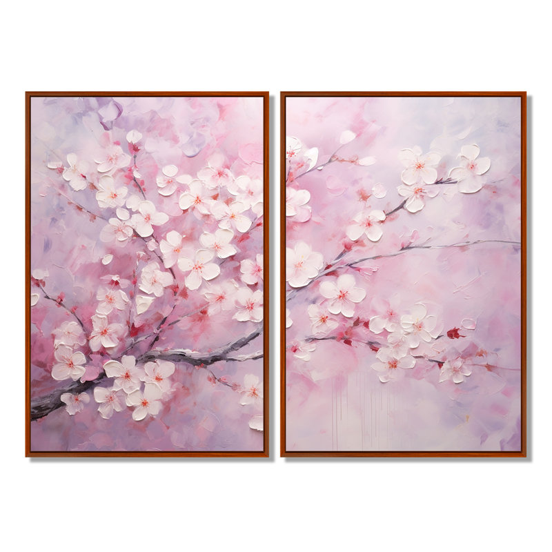 Minimalisme rose cerise Bliss Tree - Art mural floral cerisier en fleurs, 36" H x 48" W, Impression encadrée flottante, Brown