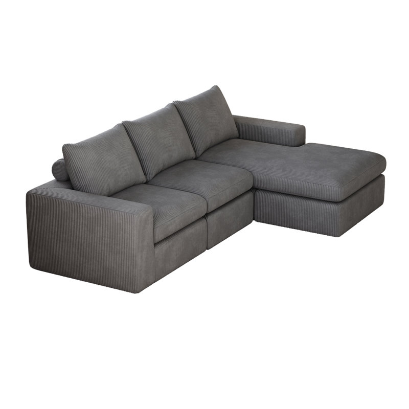 Canapé modulaire en velours côtelé 99 pouces avec méridienne, Velours côtelé gris