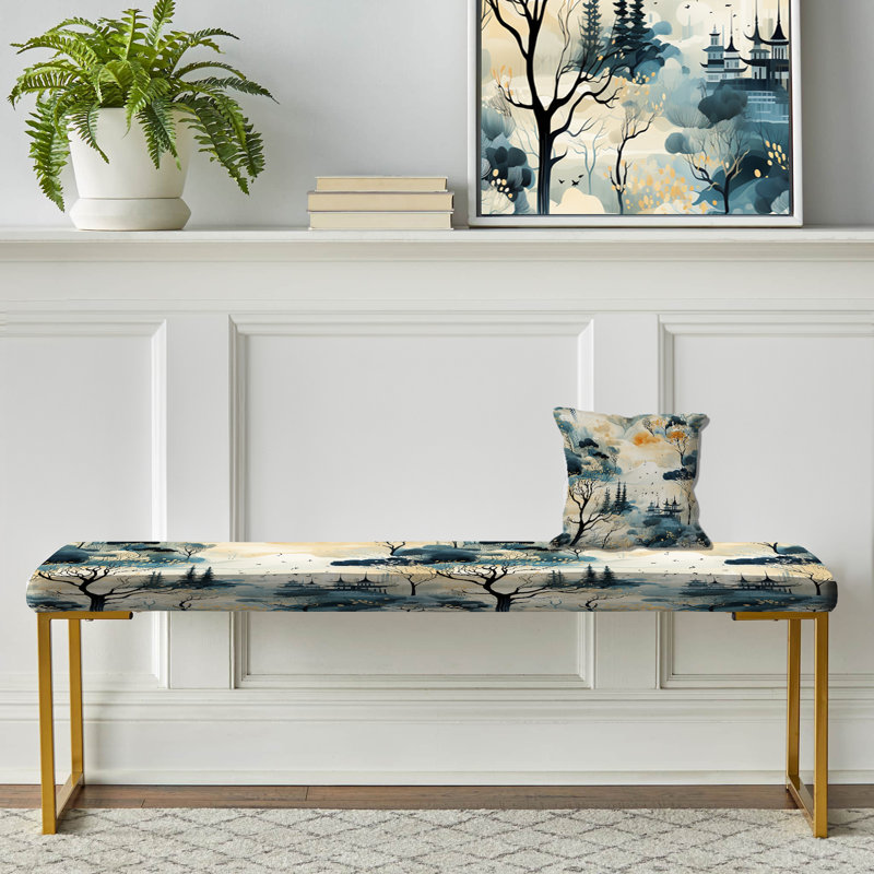 Winter Landscape Retreat Japan - Ikat Upholstered Gold Bench