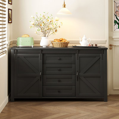 Sideboard with Storage, Sliding Barn Doors, 4 Drawers and Power Outlet