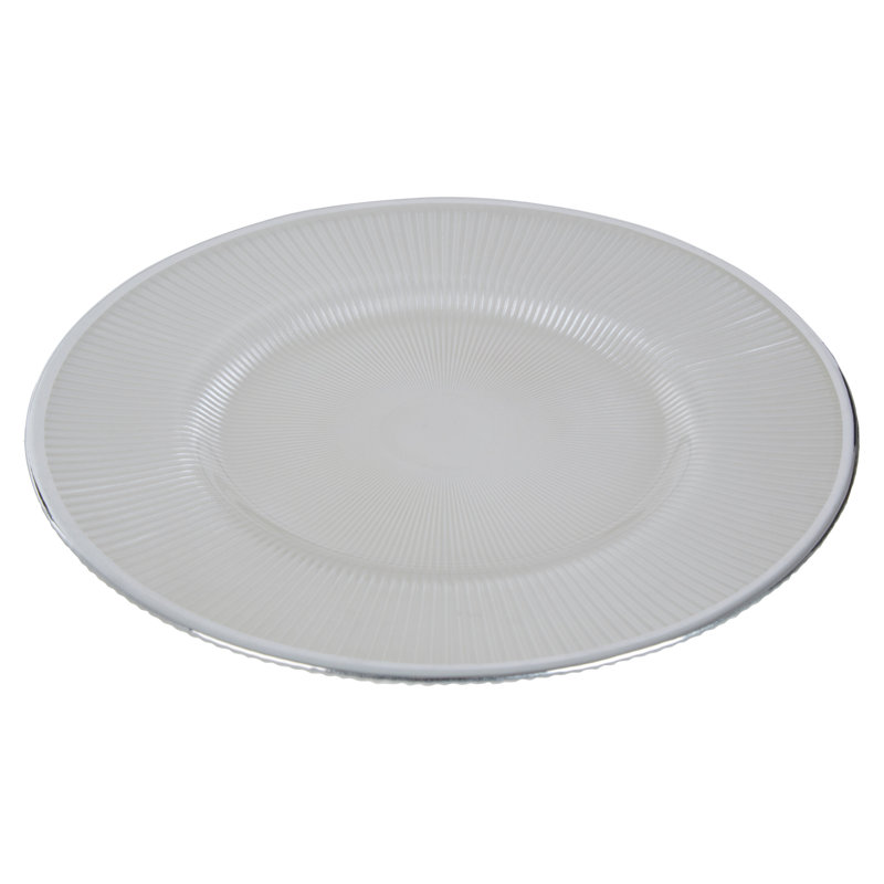 Ida White Embossed Glass Dinner Plate with Silver Rim, Silver/Grey