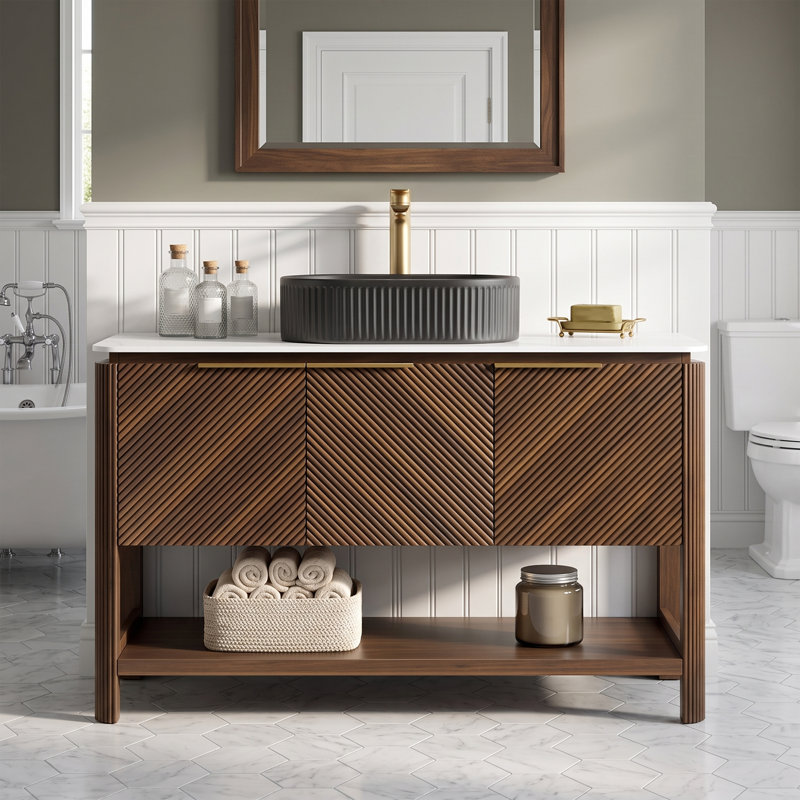 Meuble-lavabo autoportant en noyer foncé 48 po, plateau en pierre frittée et lavabo ovale en céramique rayé noir, 2 portes diagonales rayées avec tablette de rangement ouverte