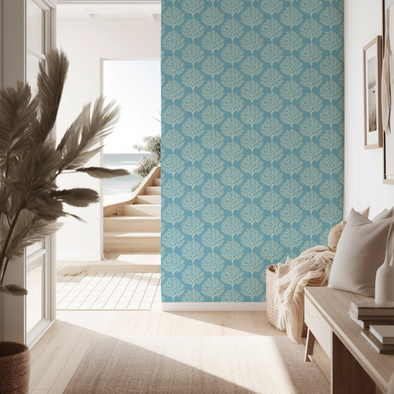 Beach Coral - Wallpaper, Green, Faux Grasscloth