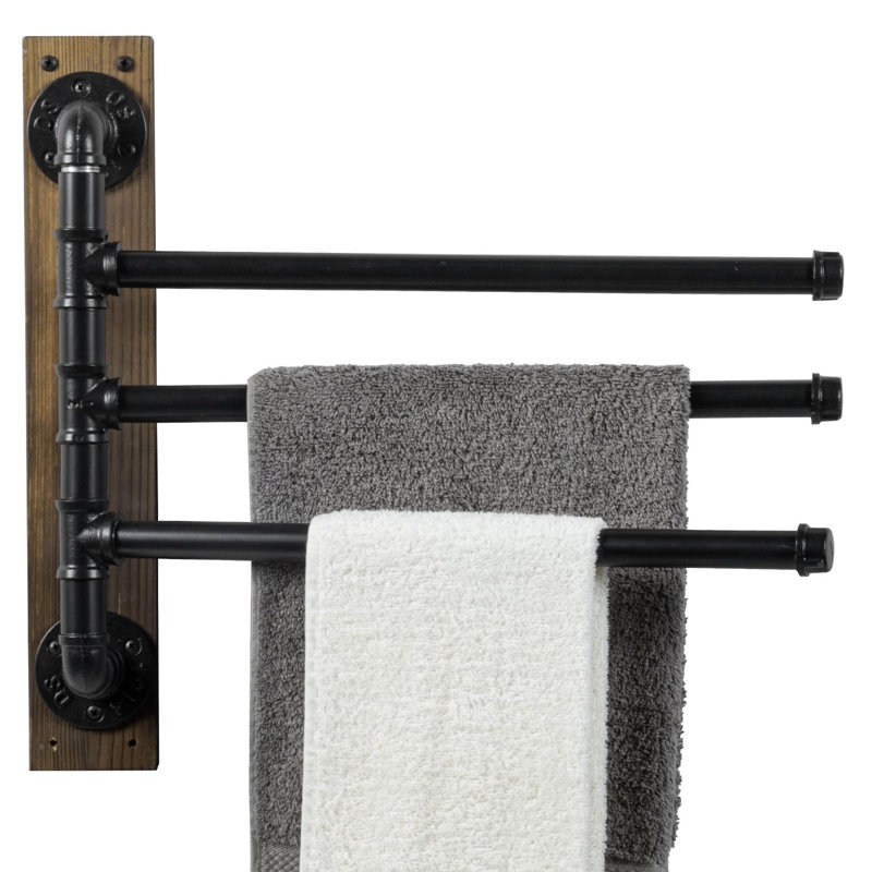 Porte-serviettes mural pivotant, barres à serviettes en métal industriel avec base en bois, 3 niveaux, (noir)