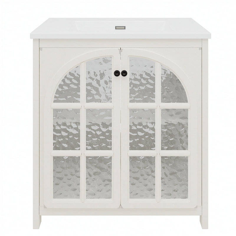 Meuble-lavabo de 30 pouces avec lavabo en céramique, finition vieillie, armoire rustique rétro avec poignées en bronze et portes à fermeture en douceur