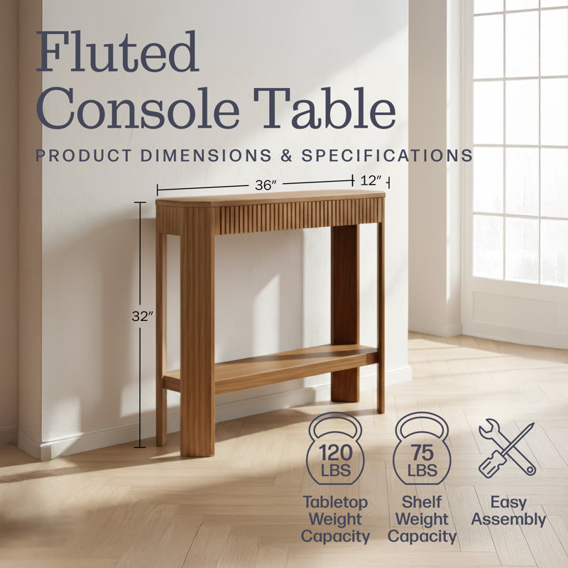Fluted 36-Inch Solid Wood Console Table with Storage Shelf, Oak, Oak