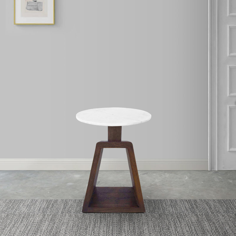 Port Blair Side End Table, Round White Genuine Marble Top With Handcrafted Mango Wood 16.5 Inch