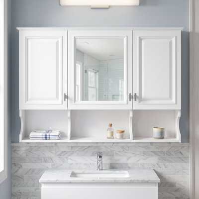41''Modern Wall-Mounted Medicine Cabinet in White with Open Shelves, Storage with Doors & Mirror, Adjustable Shelf