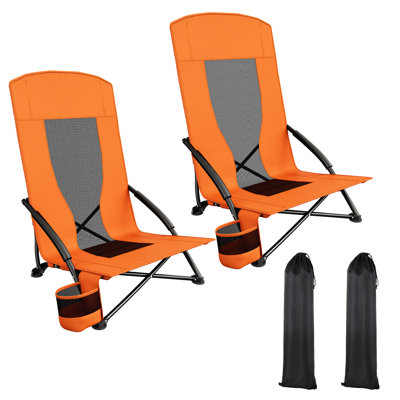 28.5″ High Back Folding Beach Chair For Adults With Carry Bag, Portable Low Beach Chair With Mesh Back & Padded Armrest, Cup Holder, Lightweight For Camping, Outdoor, Travel, 2pack, 350lbs(orange)