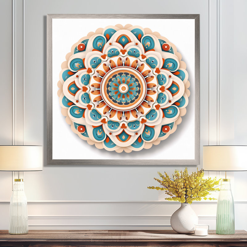 Mandala sacré en rétro bleu et orange - art mural Mandala Boho, 24" H x 24" W, White Picture Framed
