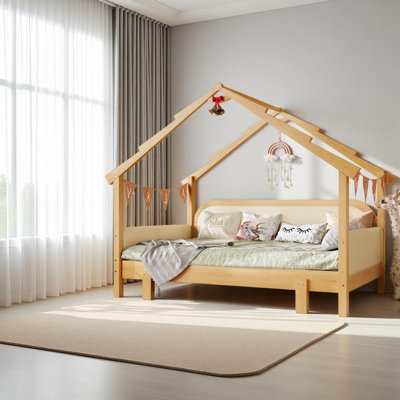 Twin Size Wood Treehouse Bed With Soft Cushion Rails,For Kids, Teens