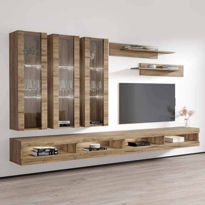 Flye 126" Modern Floating Wall Mounted Entertainment Center with 16-Color LED Lighting, High Gloss Finish, Oak