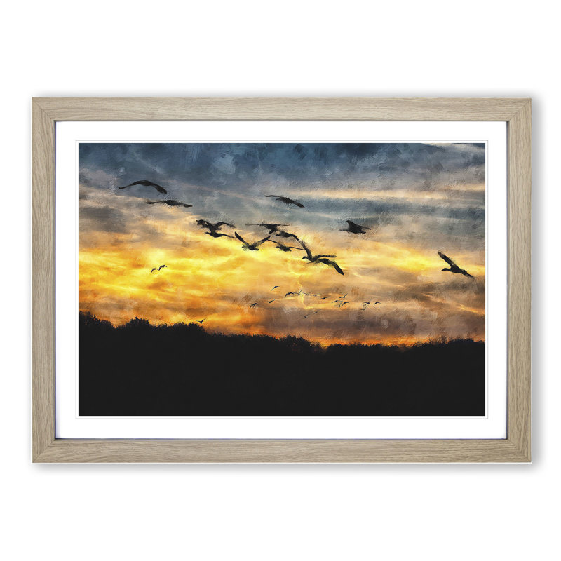 Geese at Sunset - Picture Frame Painting, 48cm H x 65cm W x 2cm D, Oak Framed