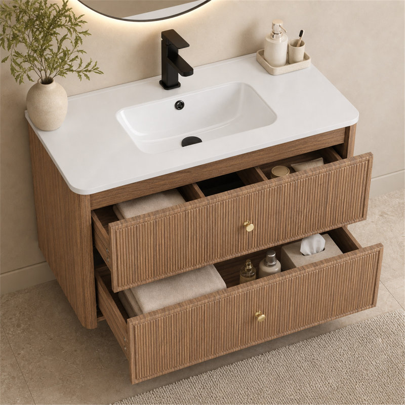 Meuble-lavabo mural simple de 76 cm (30 po) avec comptoir, style moderne du milieu du siècle, en bois cannelé avec coins arrondis, 2 tiroirs à fermeture douce