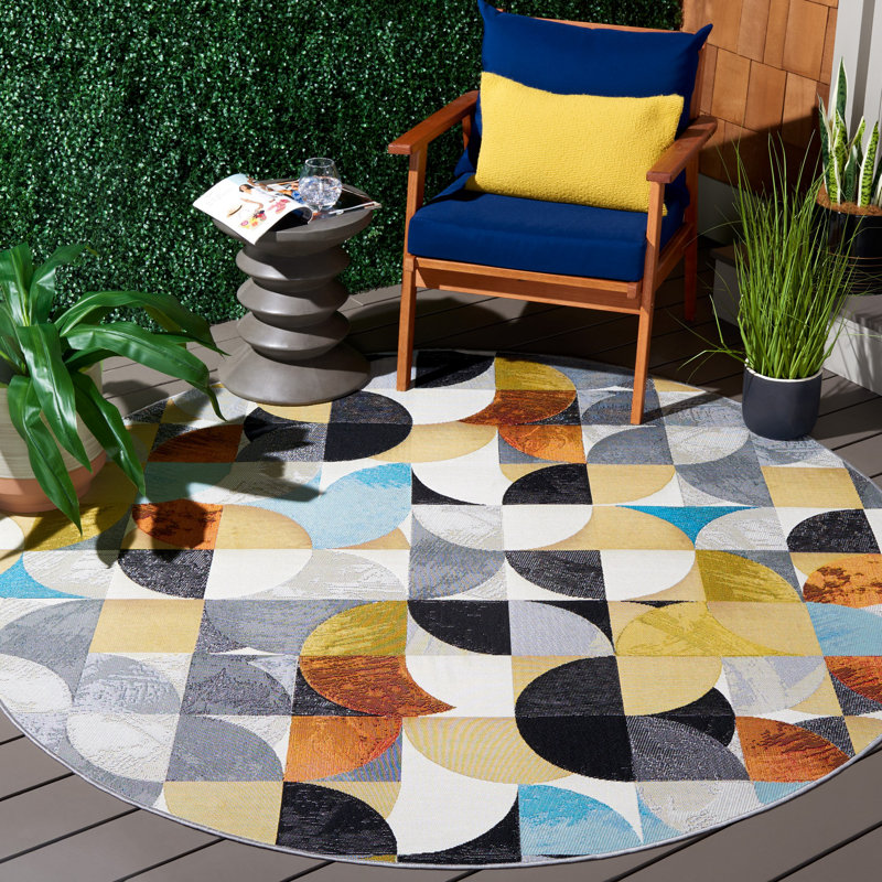 Binti Abstract Machine Woven Polypropylene Indoor / Outdoor Area Indoor/Outdoor Area Rug in Ivory/Black/Blue, Round 6'6"