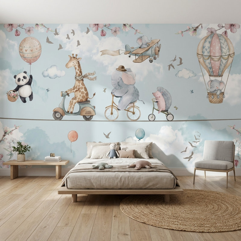 Papier peint montgolfière, panda et girafe, fresque murale, 200"x120", Non-Woven Nonpasted