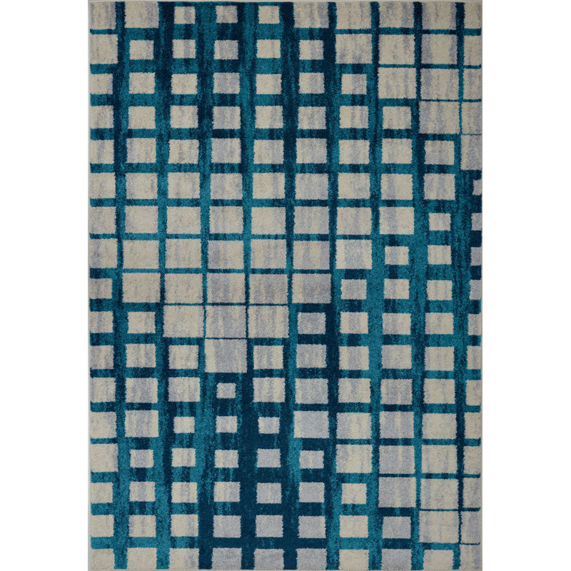 Tapis géométrique gris / bleu Pinheiro, Rectangle 5 pi 2 po x 7 pi 5 po