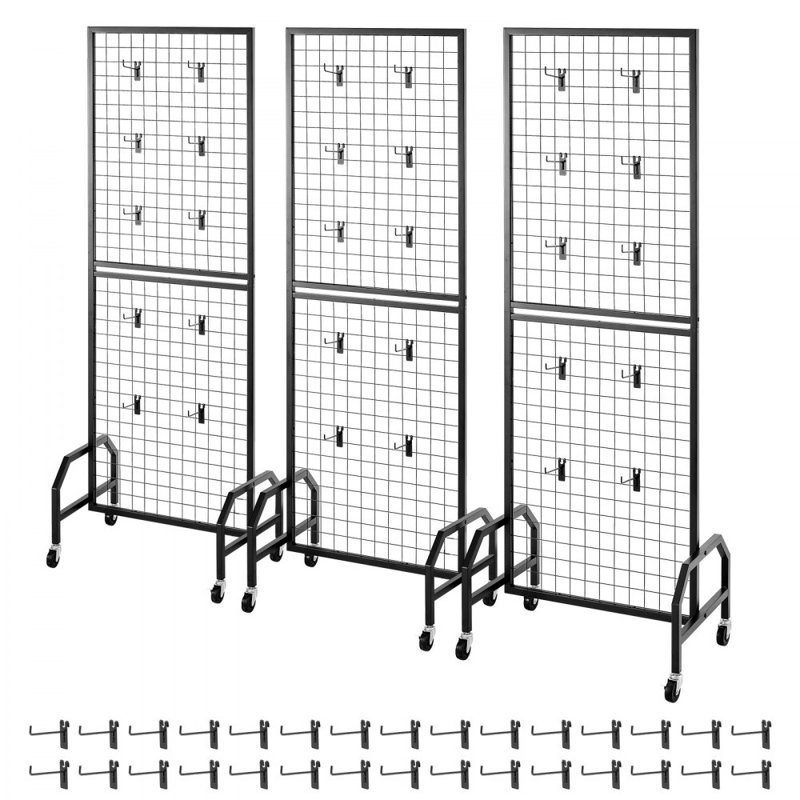 Panneaux muraux quadrillés, support de panneaux grillagés 1,9 x 5,4 pi, tablette mobile avec roulettes et 30 crochets, mur grillagé en acier au carbone noir pour salon d'artisanat, décoration, rangement, tableau d'affichage