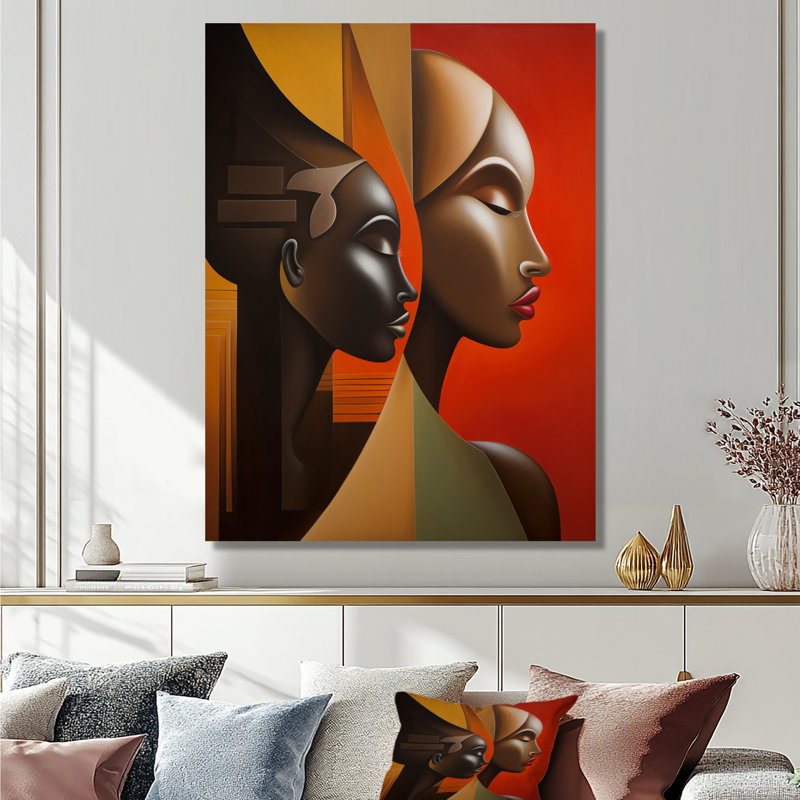 «Retro Minimal Double Ebony Profile III - Masque africain», reproduction d'art, H 20 po x l 12 po x P 1 po, Toile tendue