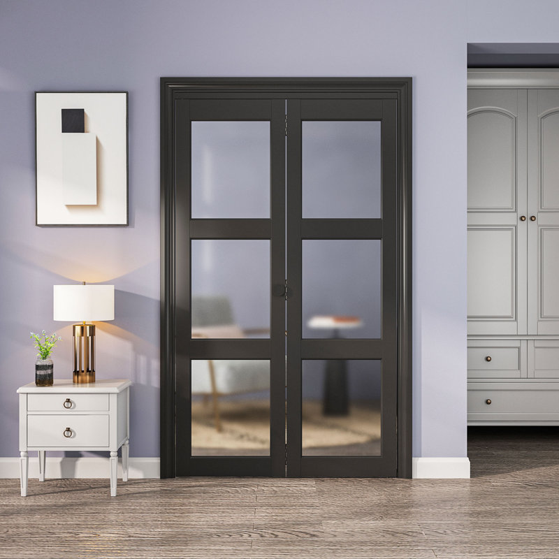 32 po x 80 po (porte de garde-robe double 16 po x 80 po) Portes pliantes noires en verre trempé 3 portes pliantes avec trousse de quincaillerie incluse, assemblage facile
