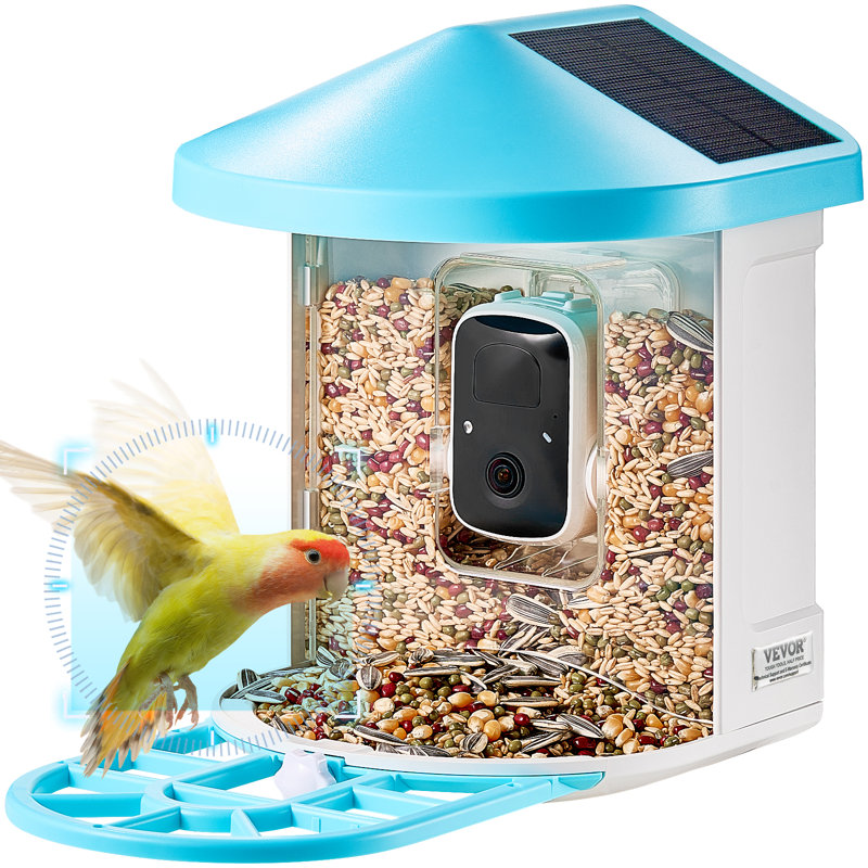 Mangeoire à oiseaux intelligente avec caméra 2K HD HD Identifier les espèces d'oiseaux à énergie solaire, Bleu