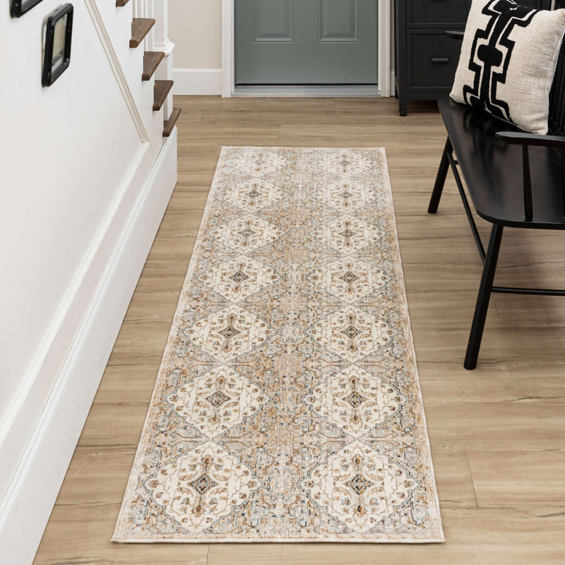 Gray and Cream Geometric Synthetic Runner Rug