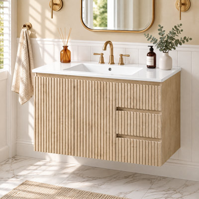 36" Wall-Mounted Bathroom Vanity with Ceramic Sink , Soft-Close Doors and Drawers