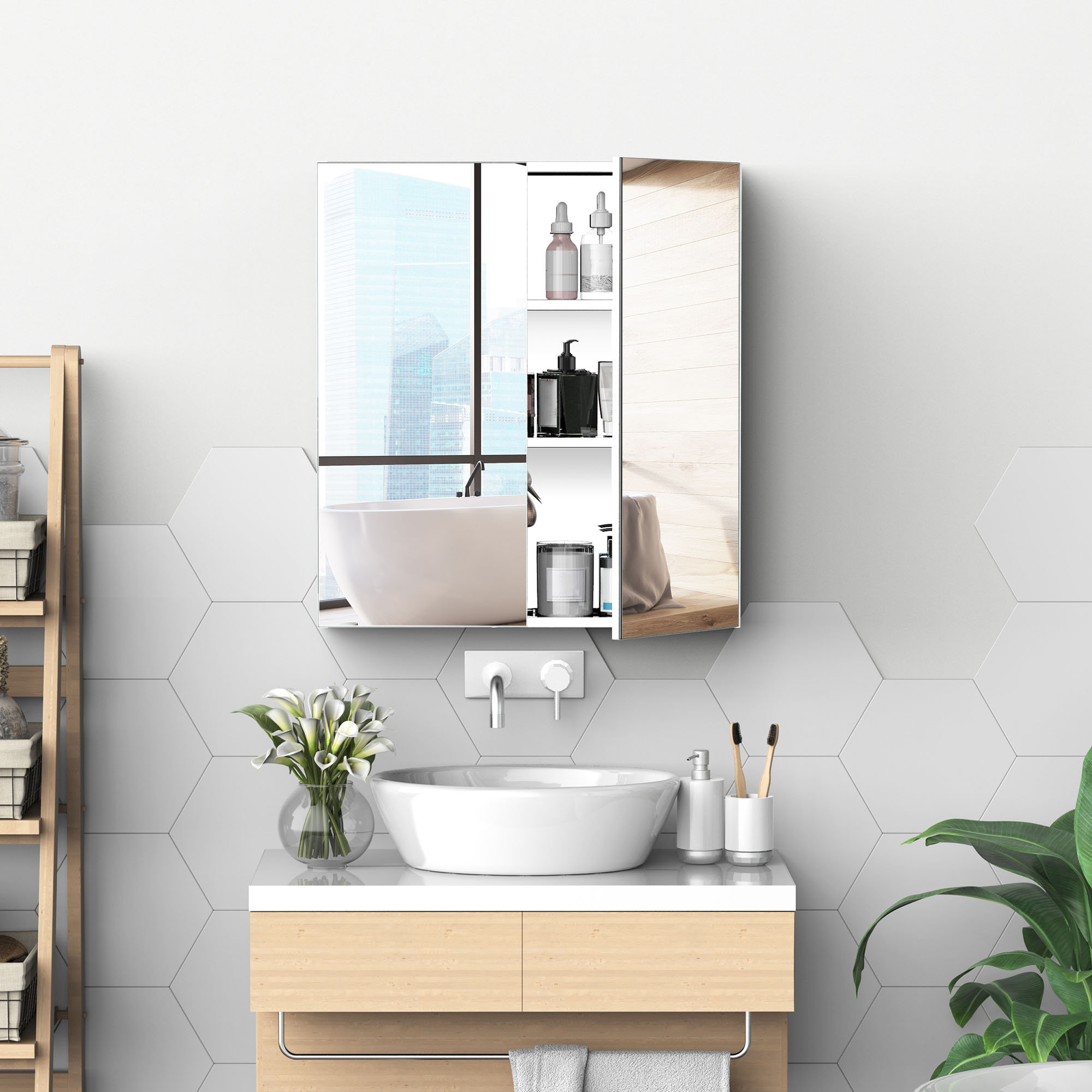 Rattan Bathroom Cabinet Wall Mounted,Double Door Wall Cabinet Open Compartment Over Toilet Storage Cabinet For Kitchen Living Room Laundry Room 23 23 - View #2