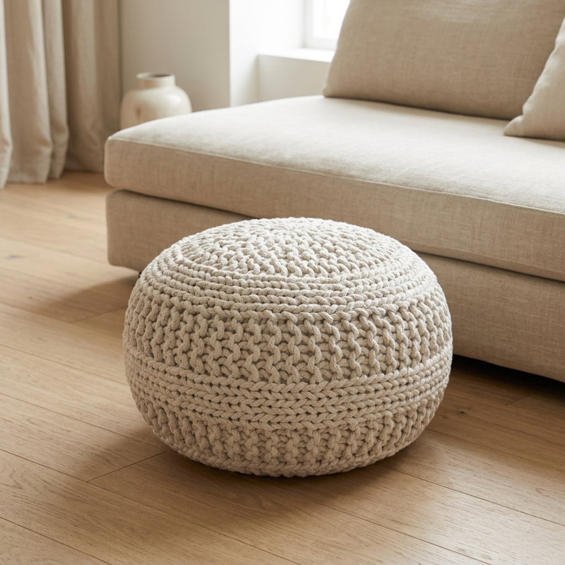 Verica 20" Wide Round Hand-Woven Upholstered Pouf Ottoman, Ivory Cotton Blend