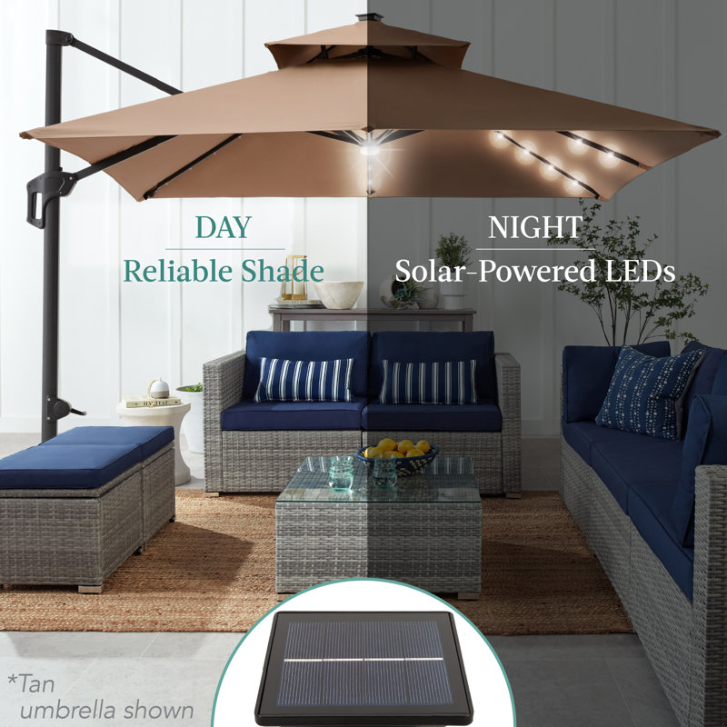 Tan 10x10ft 2-Tier Square Outdoor Solar LED Cantilever Umbrella