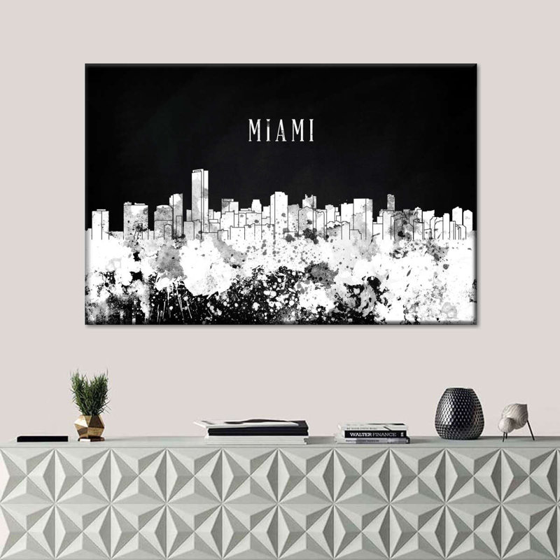 Miami Skyline BW, reproduction sur toile, H 48 po x l 32 po x P 1,25 po