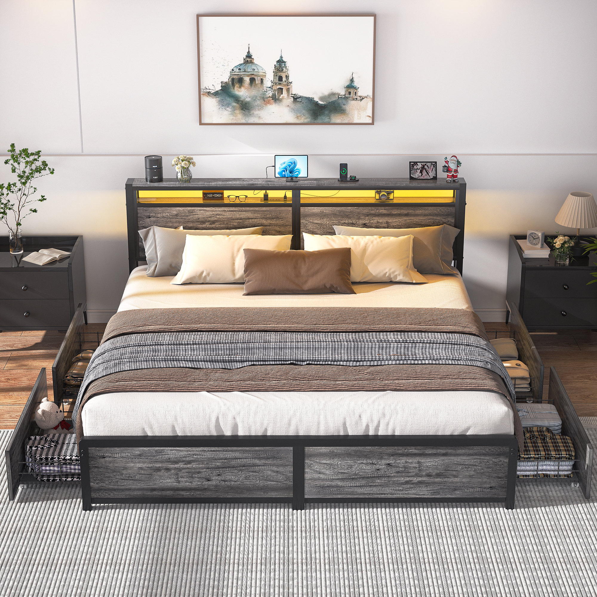 DICTAC Double Ottoman Bed Frame With Hydraulic Storage,Charging Station And Led Lights 4ft6 Upholstered Platform Bed Frame With Storage Headboard,Sturdy Wood Slats,Grey-135x190 Cm(No Mattress - View #9