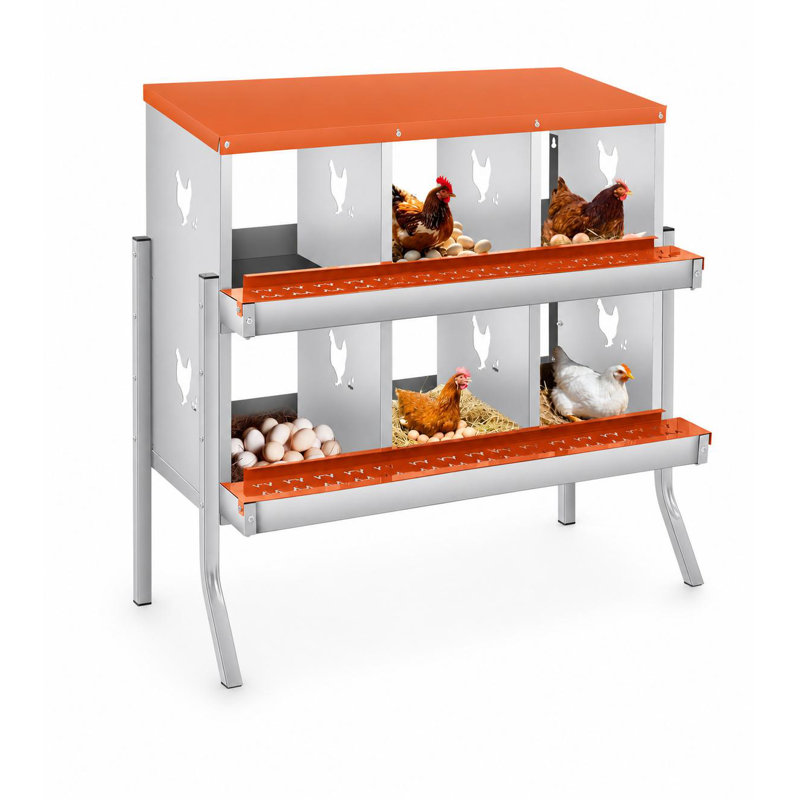 Boîtes gigognes à 6 compartiments en métal avec plateau à œufs, perchoir et couvercle, lignes horizontales doubles et trous ventilés, fixation murale ou autoportante avec pieds en métal pour poules et canards, orange