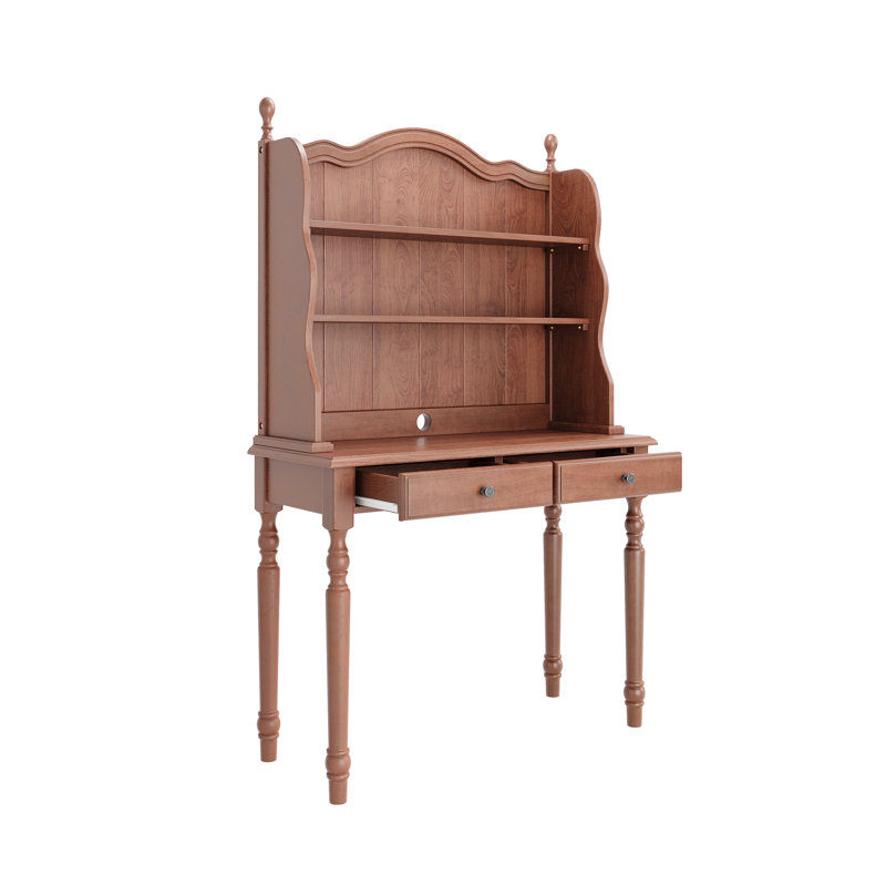 Bureau Marcell en bois d'hévéa de style Mid-Century avec tablette, deux tiroirs et étagères de rangement, Noyer