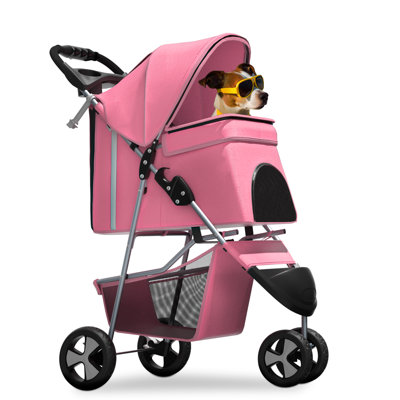 Foldable Pet Dog and Cat Stroller with Adjustable Canopy Storage Basket and Cup Holder for Small and Medium Pets
