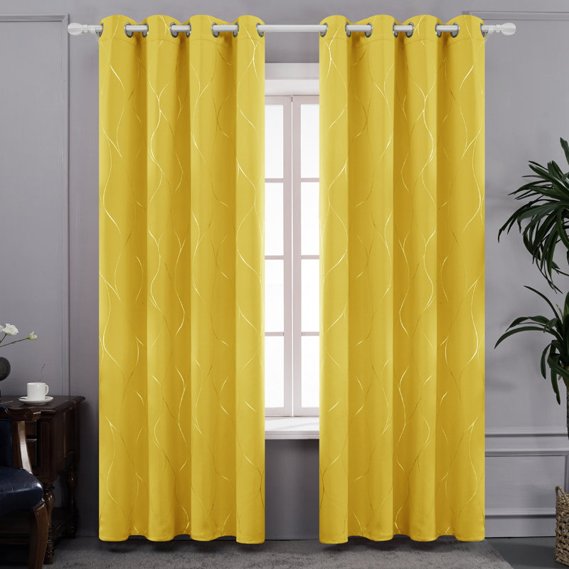 Seligman Wave Foil Printed Room Darkening Thermal Curtains, Mellow Yellow, Width 168 x Drop 138 cm