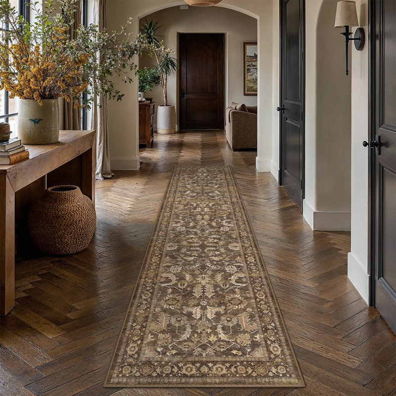 Tapis Aurea Vintage Oriental vieilli, lavable, avec envers antidérapant, Brun, Tapis de couloir 2 pi x 8 pi
