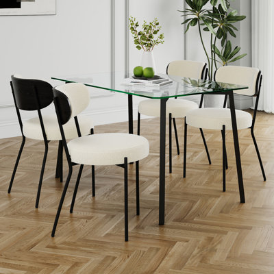 Modern Simple Table With A Glass Rectangular Table And Four Chairs. Transparent Tempered Glass Countertop