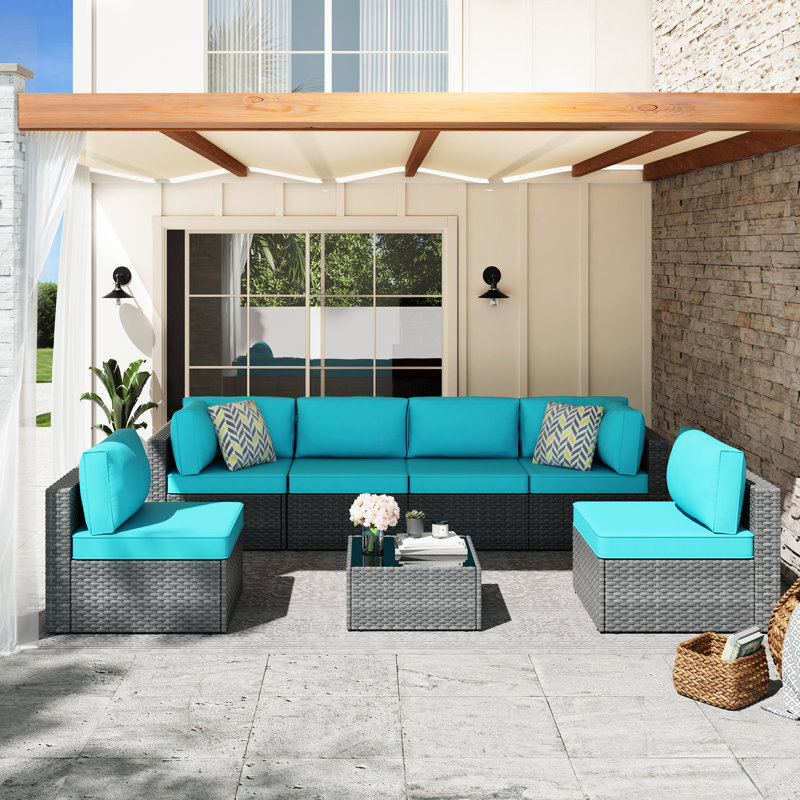 Ensemble de conversation d'extérieur pour 6 personnes avec coussins Alivia, Bleu/gris