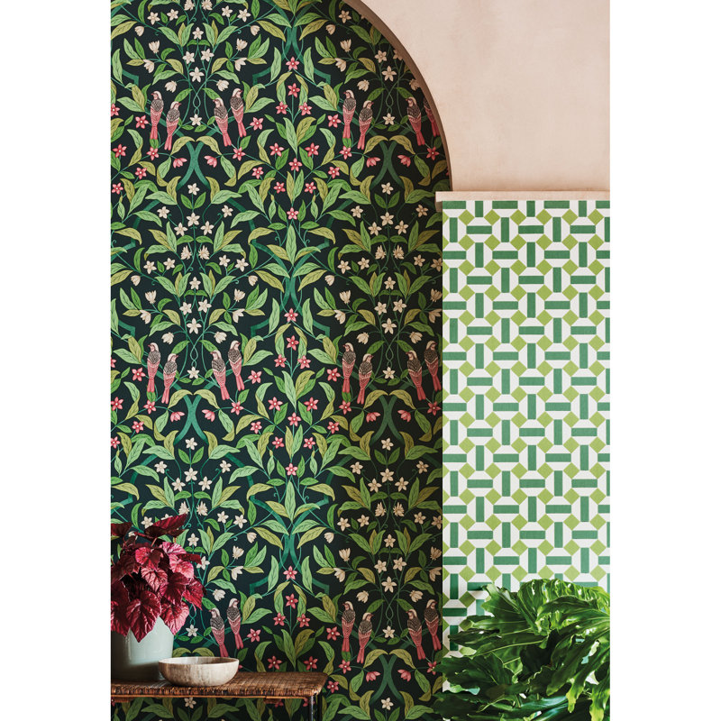 Floral Wallpaper Roll, Rose/Green/Viridian
