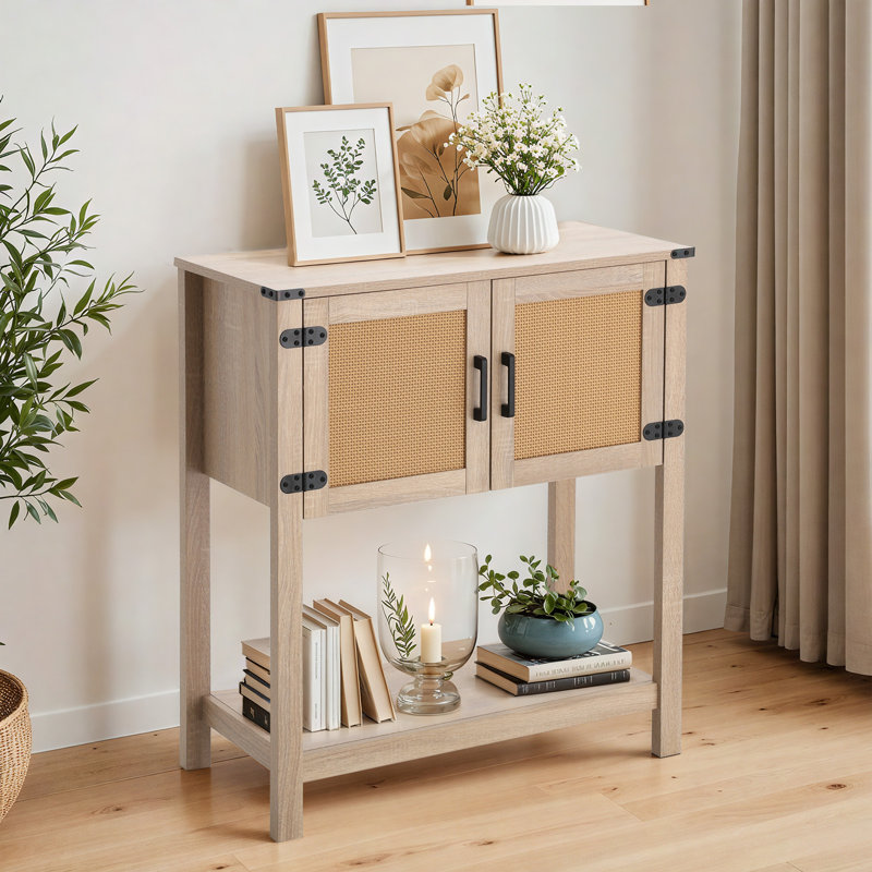  Console avec portes en rotin - Table d'entrée de ferme avec armoire de rangement et tablette ouverte pour le salon, la chambre à coucher et le bureau