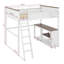 Grand lit mezzanine avec bureau intégré, boîte de rangement, tablettes ouvertes et station de recharge USB, structure de lit mezzanine en bois peu encombrante