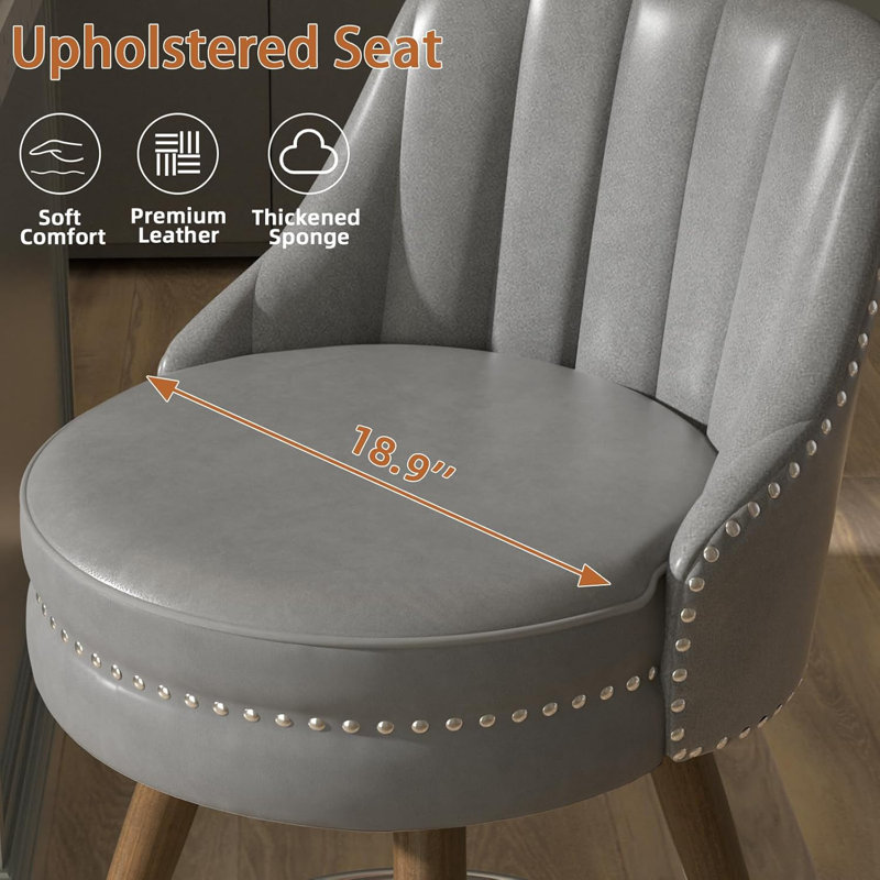 Markelian Counter Height Bar Stools with Backs, 24" Swivel Bar Stools with Wood Legs for Kitchen, Gray/Silver, 2