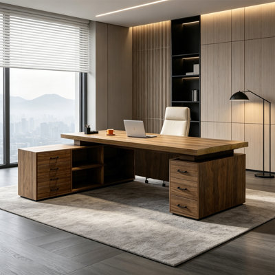 Light-walnut L-Shaped Solid Wood Executive Desk with drawers desk