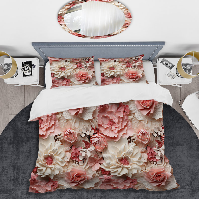 Ensemble de housse de couette rose et blanc avec dentelle romantique Whispers Flowers III