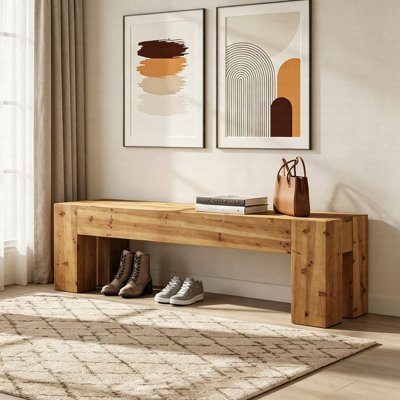 63" Solid Wood Entryway Bench, Heavy Duty Farmhouse Bench & Multi-Purpose TV Stand Media Console