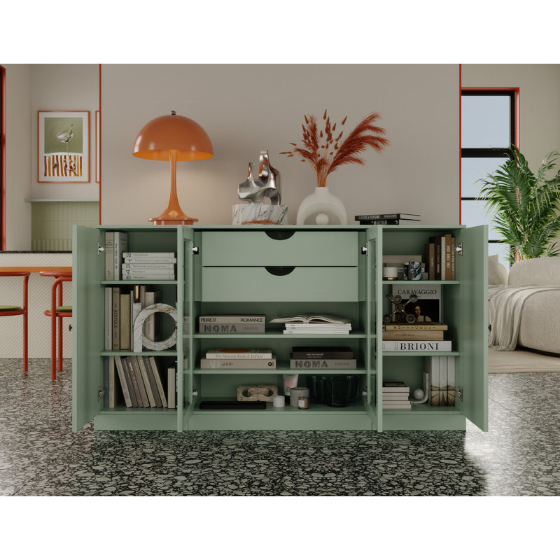 Buffet 100% bois massif 65 po avec portes en verre massif et transparent, 2 tiroirs et tablettes réglables, Sauge