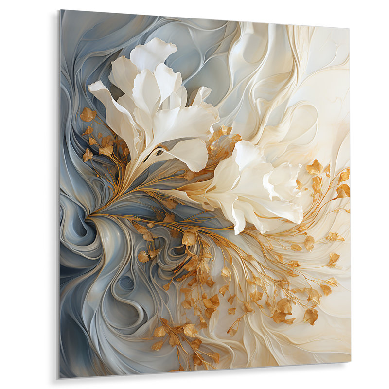 White And Gold Champagne Flow V - Champagne Metal Wall Art, Modern Flower metal print, 44" H x 34" W x 1.5" D