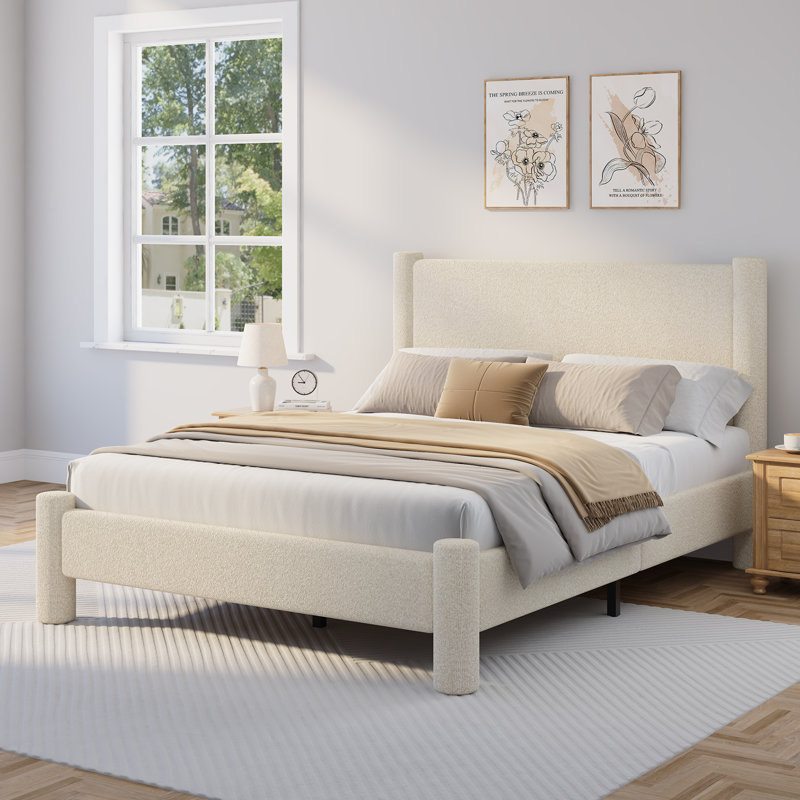 Bensu Boucle Upholstered Platform Bed with Soft Rounded Corners, Cream, Queen